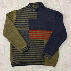 Ermenegildo Zegna Blue and Olive Striped Crewneck Wool Blend Sweater- Size L/52